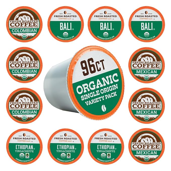 Fresh Roasted Coffee Organic Single-Origin Variety Pack | USDA Organic Kosher | K-Cup Compatible 96 Pods