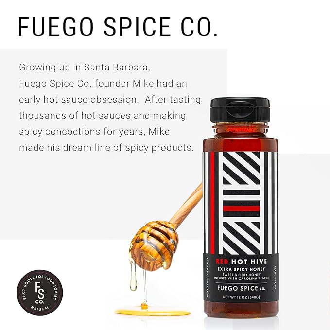 RED HOT HIVE Extra Spicy Honey Sweet &amp Fiery Hot Honey Infused with Carolina Reaper Pepper by Fuego Spice - 12 Oz - Squeeze it on a BBQ Chicken Wings or Try it on a Taco - Heat Level: 7/10