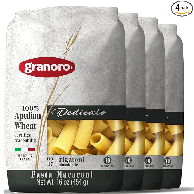 Granoro Dedicato Rigatoni #17-Authentic Italian Pasta Made from 100% Puglia Durum Wheat Semolina Non-GMO Vegan 1 lb Bags (Pack of 4)