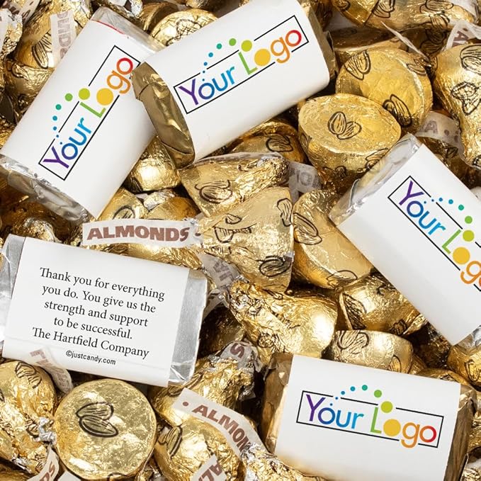 Personalized Candy Promotional Products Add Your Logo or Photo Party Favors 41 Custom Chocolate Miniatures and Approx. 90 Bulk Kisses (Approx. 131 Pcs)
