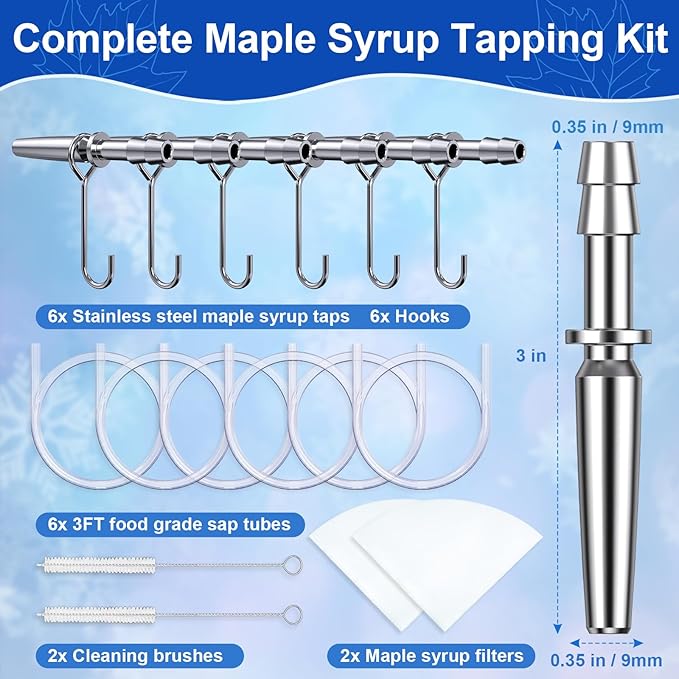 Maple Syrup Tapping Kit (6 Set) Maple Tree Tapping Kit with Stainless Steel Maple Syrup Taps Hooks 3FT Food Grade Sap Tubes Maple Syrup Filter Tree Sap Tapping Kit for Maple Syrup Making Supplies