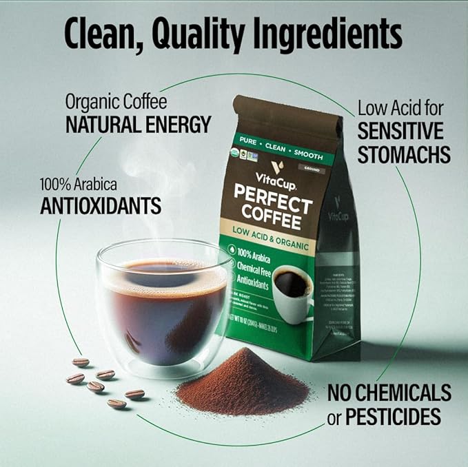 VitaCup Perfect Low Acid Coffee Beans 11oz &amp Perfect Low Acid Ground Coffee 11 oz Bundle | Dark Roast USDA Organic &amp Fair Trade Mycotoxin Free Single Origin