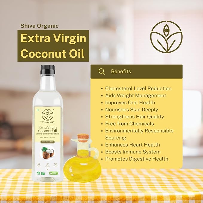 Shiva Organic Extra Virgin Coconut Oil - 100% Natural USDA Certified Organic - 1L (33.8 fl oz)) for Cooking Beauty and Holistic Wellness
