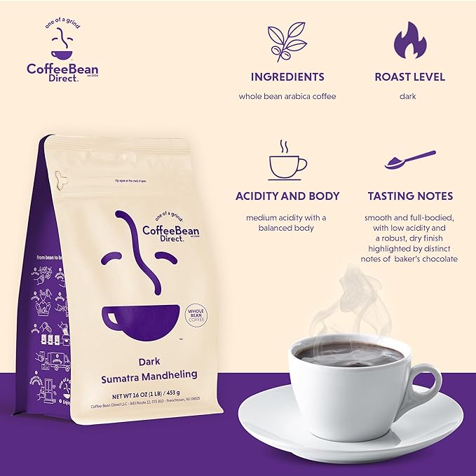 Coffee Bean Direct Dark Roast Coffee Lovers Variety Bundle – Brazilian Santos Italian Espresso &amp Sumatra Whole Bean Dark Roast 1 Pound Bags (Pack of 3)
