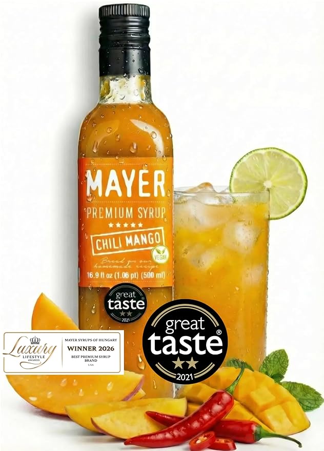 Mayer Premium Chili Mango Syrup – Award-Winning Organic Fruit Syrup Crafted with 100% Real Fruits All Natural Vegan Gluten-Free – Ideal for Cocktails Coffee Desserts Cocktails (16.9 oz)