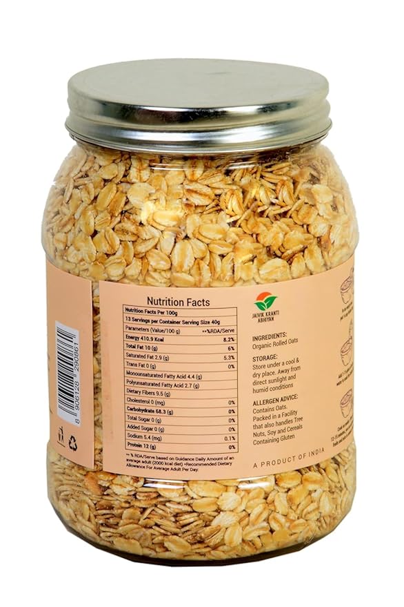 Orgrain India Organic Rolled Oats 500g (17.64 oz) Gluten Free Oats | Healthy Breakfast Cereal | Whole Grain Old Fashion Jumbo Rolled Oats with High Fibre Protein | Diet food for Weight Management