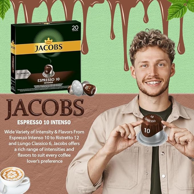 Jacobs Espresso 10 Intense 10x20 CAPSULES Coffee Capsules Compatible with (052 USD/1 CAP)