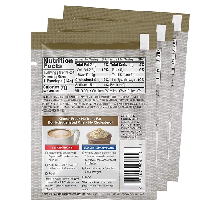 Caffe D'Vita Hazelnut Cappuccino Mix - Instant Coffee Mix No Cholesterol &amp Trans Fat 99% Caffeine Free Gluten Free - Envelopes 0.5 Oz (Pack of 48)