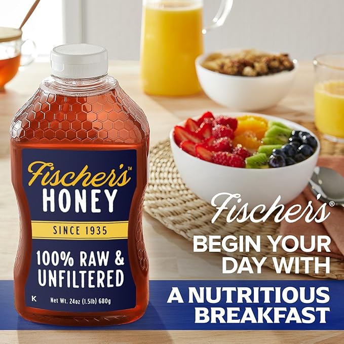 Fischer's 100% Pure Raw &amp Unfiltered Honey 24 oz – All-Natural Sweetener – Rich Flavor Profile Packed with Nutrients