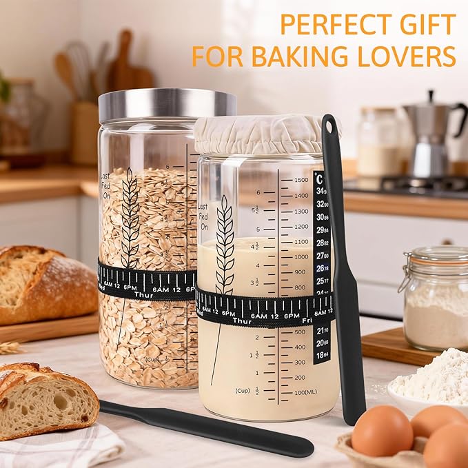 Premium Sourdough Starter Jar Kit 57oz Large Capacity Sourdough Jar Sourdough Bread Starter Kit for Perfect Sour Dough Bread (Black 2 Pack)