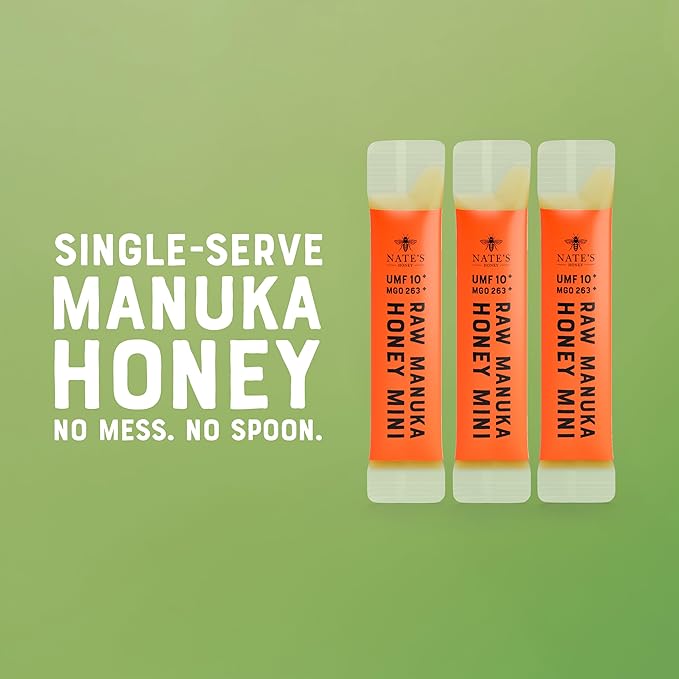 Nate's Manuka Honey Minis - 30 count Single-serve Pure Manuka Honey - MGO 263+ | UMF Certified 10+ - 30 Single-Serve Packets for On-the-Go Daily Wellness
