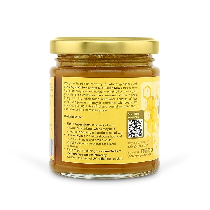Shiva Organic Honey with Bee Pollen (250g) - Pure Honey Infused with Nutrient-Rich Bee Pollen - Natural Sweetness and Immune Support - Antioxidant-Rich Honey Blend
