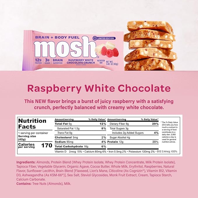 MOSH Raspberry White Chocolate Crunch Keto Protein Bars High Fiber Low Carb Gluten Free High Protein Brain Healthy Snack 12 Count