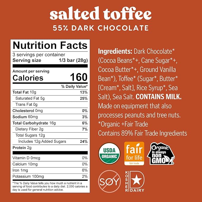 Theo Chocolate Salted Toffee Organic Dark Chocolate Bar 55% Cacao 6 Pack | Fair Trade