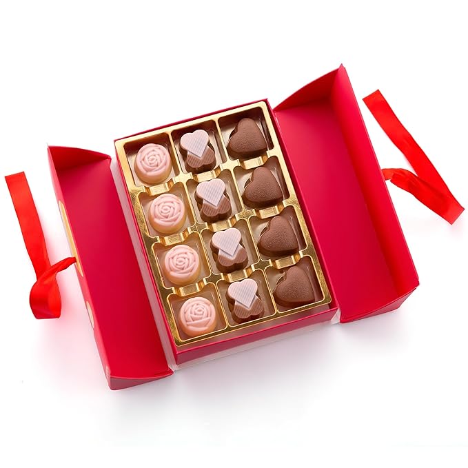 CARIANS Valentine's Day Belgian Chocolate Gift Box of Love Luxury Milk Chocolates with Strawberry and Hazelnut Cream Elegant Valentine’s Day Gift for Her and Great Present for Lovers 12 pc