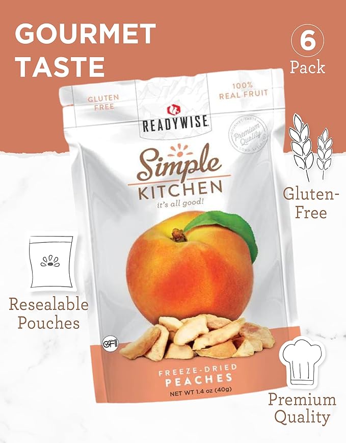 READYWISE - Simple Kitchen Freeze-Dried Peaches 1.16 oz Pack of 6 Vegetarian Gluten Free Snacks Peaches Dried Fruit Pre Workout Healthy Snacks Camping Backpacking Survival Food