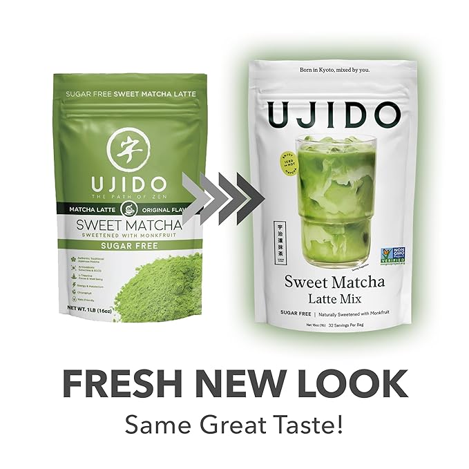 Ujido Sweet Matcha 16 oz. – Sugar-Free Ceremonial Grade Japanese Matcha Powder – Sweetened with Monk Fruit &amp Non-GMO Erythritol – For Teas &amp Lattes – Zero Net Carbs Gluten Free &amp Keto F