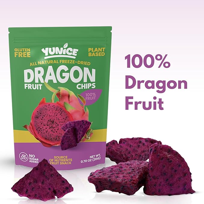 YUNiCE Dragon Fruit Chips freeze dried dragon fruit snack red dragon fruit 100% real fruit no sugar added gluten free plant-based crispy on-the-go pouches DRAGON FRUIT 0.70 Ounce (Pack of 12)