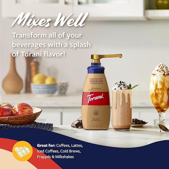 Torani Sugar Free White Chocolate Sauce for Crafting Coffeehouse Drinks Large Squeeze Bottle with Pump 64 Fl Oz