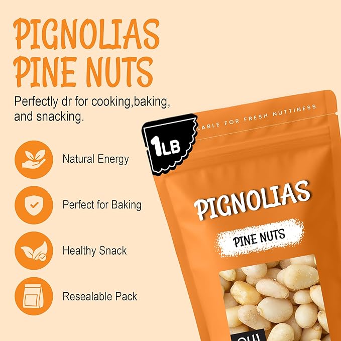 Oh! Nuts Pine Nuts (Pignolias) - Raw - 100% Natural Pine Nuts - 1 lb Bulk Bag - Premium Pignoli Packed with Protein