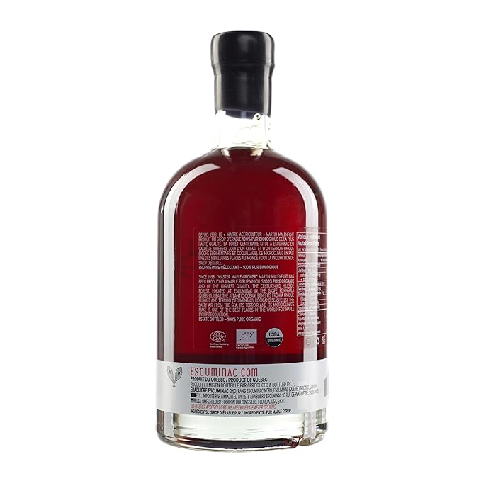 Escuminac Late Harvest Maple Syrup – Organic Grade A Canada | Dark Robust Taste | 16.9 fl oz Glass Bottle | 100% Pure Canadian Syrup | Gourmet Gift