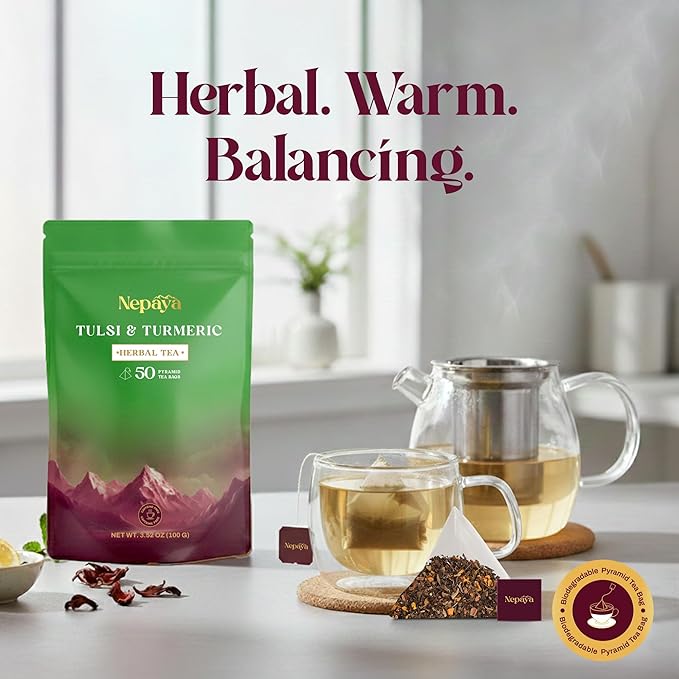 Nepaya Tulsi &amp Turmeric Herbal Tea Bag – 50 Pyramid Tea Bags Holy Basil with Cinnamon &amp Black Pepper Biodegradable Caffeine-Free Himalayan Blend