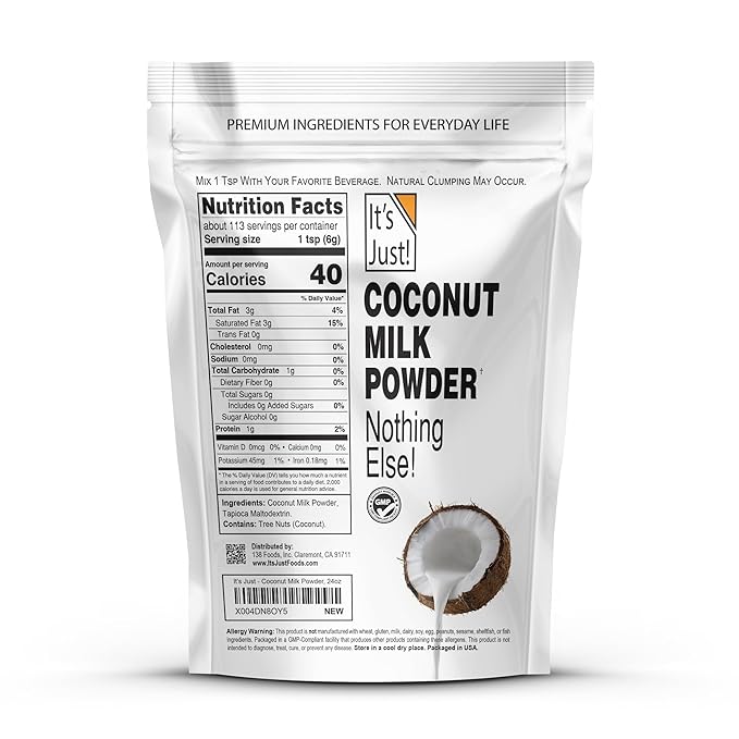 It's Just - Coconut Milk Powder 24oz Dairy-Free Coconut Milk Beverage Keto Friendly MCTs Two Ingredients Non-GMO Product of Sri Lanka