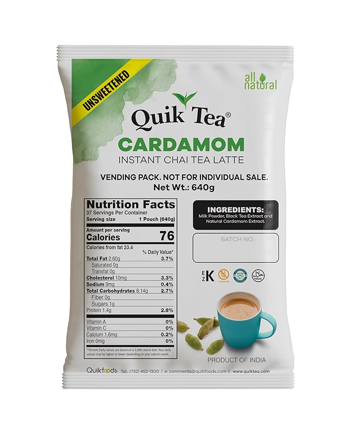 QuikTea Instant Unsweetened Cardamom Chai Tea Latte – 22.57 oz (640g) Warm and Soothing Cardamom Flavor Low Caffeine No Artificial Colors Flavors Preservatives – Just Add Hot Water 40 Servings
