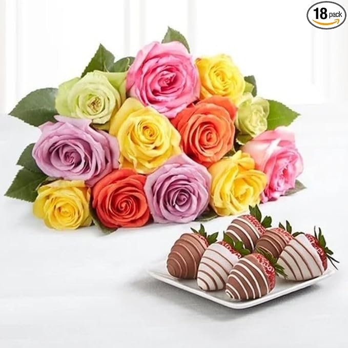 Shari’s Berries 12 Assorted Roses &amp 6 Gourmet Chocolate Covered Strawberries Gift Bundle| Flower &amp Chocolate Gift Delivery for Valentine's Day Anniversary Birthday &amp Thank You (No Vase)