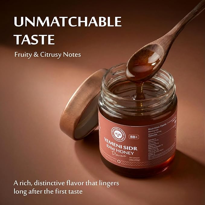 Raw Yemeni Sidr Honey BB+ Grade | Glass Jar | Unpasteurized Unfiltered &amp Unheated | Authentic Monofloral Do’ani Sidr Honey from Sidr (Jujube Ziziphus) Trees | 100% Pure &amp Natural | 10oz / 284