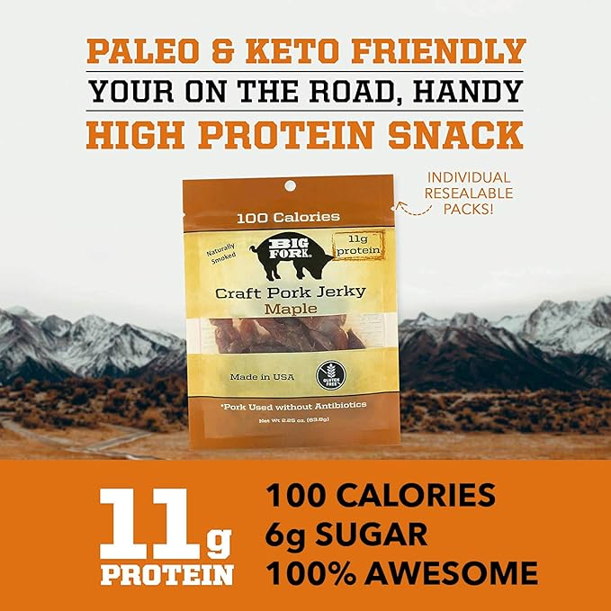 Big Fork Craft Pork Jerky – Maple Flavor | Bacon-Inspired Small-Batch Jerky Made from 100% Berkshire Pork | Keto Paleo Gluten-Free High-Protein Snack | 3 Bags (2.25 oz Each)