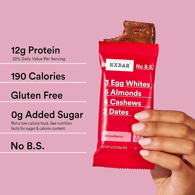 RXBAR Protein Bars 12g Protein Gluten Free Snacks Strawberry 22oz Box (12 Bars)