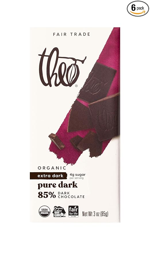 Theo Chocolate Pure Organic Dark Chocolate Bar 85% Cacao 6 Pack | Vegan Fair Trade