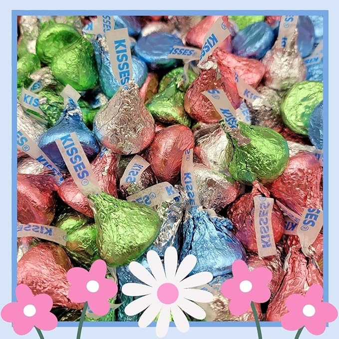 Easter Kisses Milk Chocolate (2 LB.) Bulk Wrapped in Beautiful Pastel Blue Pink Green &amp Silver Foil