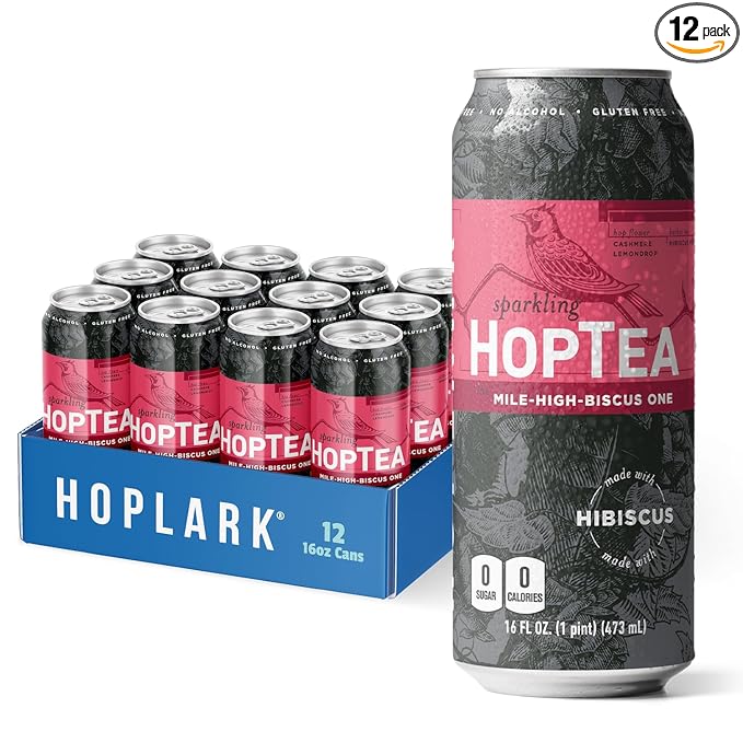 HOPLARK Sparkling HopTea – THE MILE HIGH-BISCUS ONE 16fl oz Tall Cans (Pack of 12) – Hibiscus Tea with Lemondrop and Cashmere Hops – Unsweetened – Antioxidants – Polypohenols – Zero Calorie – Caffein