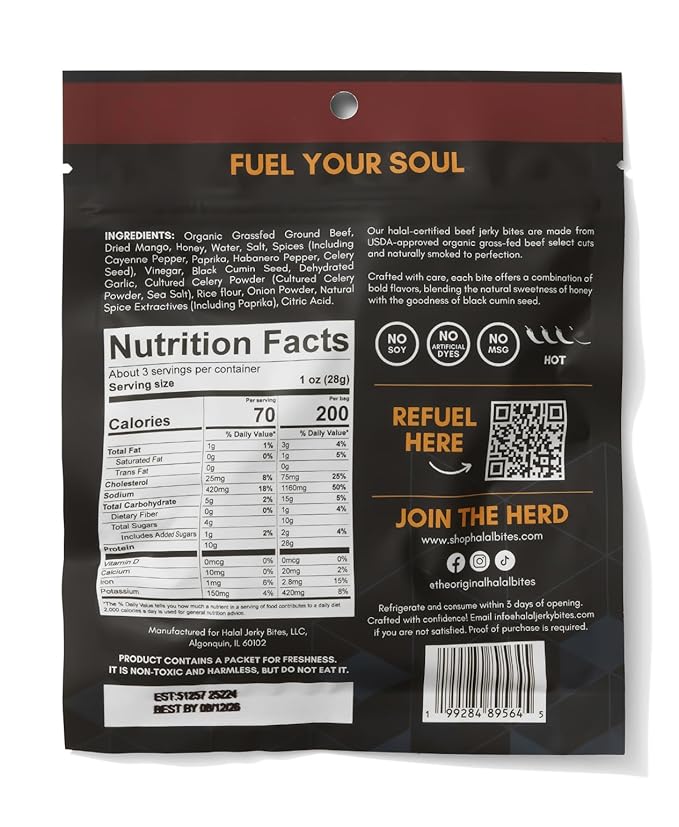 Mixed Flavor 4-Pack (Bulk Size) Halal Bites NEW Mango Habanero Flavor Ghost Pepper Flavor Original Flavor + Chipotle Flavors Organic Grass-Fed Beef Naturally Smoked Infused with Honey &amp Black