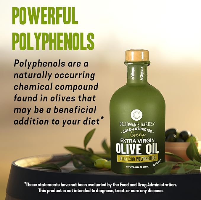 Dr. Cowan’s Garden 1200+ Polyphenol USDA Certified Organic Greek Extra Virgin Olive Oil - Single Estate Extra Virgin Koroneiki Organic Olive Oil with Highest Polyphenols Cold-Pressed 8.45 FL Oz