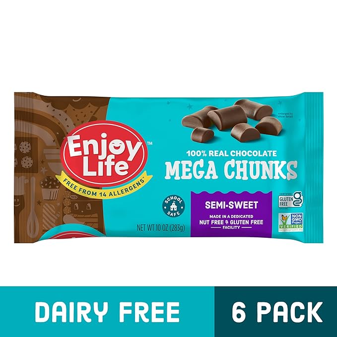 Enjoy Life Semi-Sweet Mega Chunks Baking Chocolate Chips Bundle Vegan Dairy Free Gluten Free Nut Free Kosher Soy Free Allergy Friendly 6 Bags (10 oz Each)
