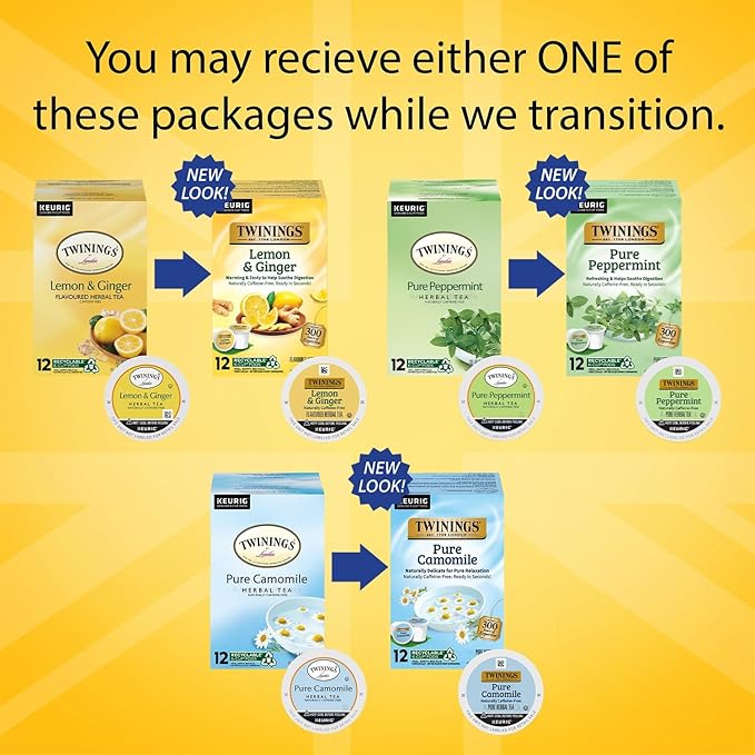 Twinings Herbal Tea K-Cup Pods for Keurig Variety 3-Pack – Pure Peppermint Pure Camomile + Lemon &amp Ginger Tea K-Cups Naturally Caffeine-Free 12 Count Each