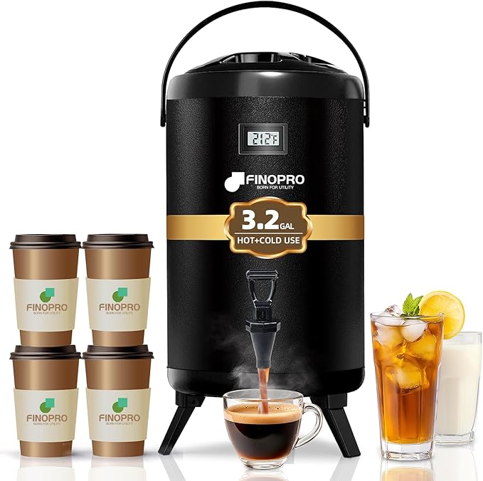 Insulated Beverage Dispenser - Thermal Hot and Cold Tea Dispenser - Stainless Steel 12L/3.2Gal with Spigot for Hot Coffee &amp Tea Cold Milk &amp Juice - Black