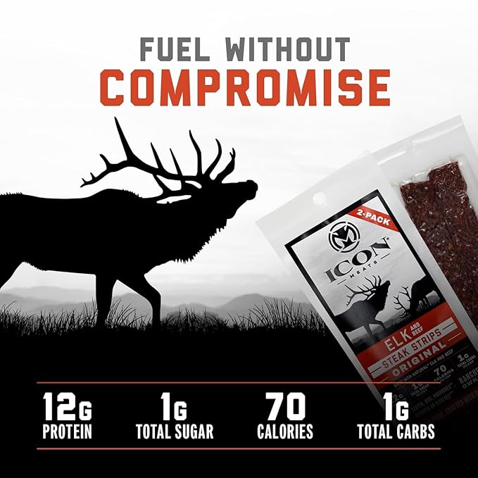 ICON Meats Elk and Beef Jerky Steak Strips Original Flavor 8 High Protein Snacks Packs 2 Strips per Pack Low Sugar Gluten Free Natural USDA Inspected Made in the USA Gifts for Him