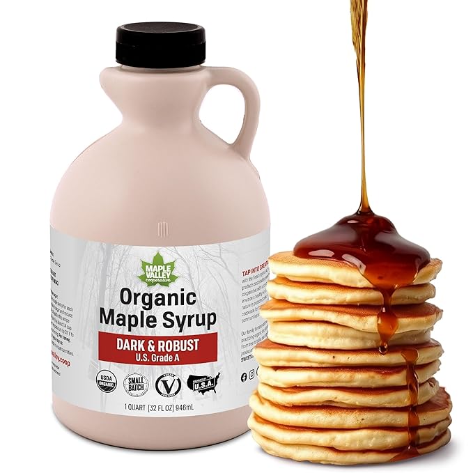 Maple Valley Organic Pure Maple Syrup Dark &amp Robust Better Than Pancake Syrup Use for Coffee or All-Natural Sugar Substitute in Cooking and Baking (32oz Plastic Jug)