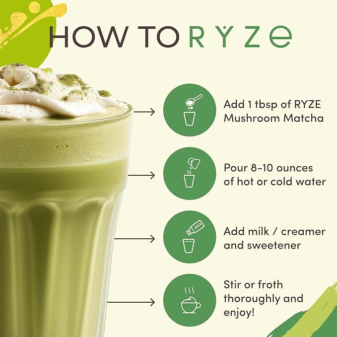 RYZE SUPERFOODS Mushroom Matcha Starter Kit USDA Organic with 6 Adaptogenic Mushrooms and Ceremonial-Grade Matcha Energy Focus Digestion Immunity with Turkey Tail Shiitake Reishi 60 servings