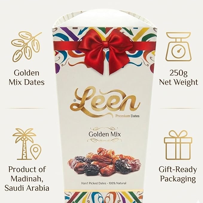 LEEN Premium Golden Mix Dates from Madinah Saudi Arabia – Ajwa Safawi Sagaie Khodhri &amp Mabroom | Elegant Gift Box | Handpicked Assorted Dates | Natural &amp Fresh | 250g