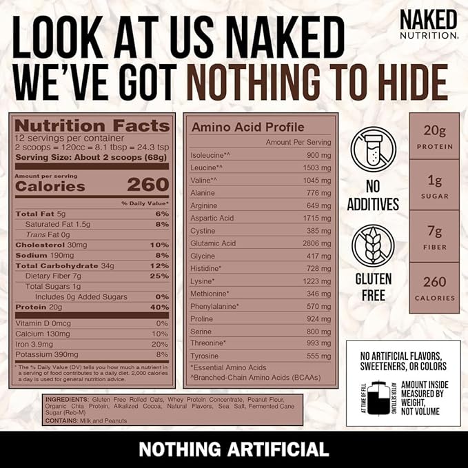 Naked Oats - Chocolate PB Overnight Oats 20g Grass-Fed Protein Gluten-Free Oatmeal Instant Breakfast or Shake High Protein Oatmeal High Fiber Breakfast Shake Non GMO No Soy - 12 Servings