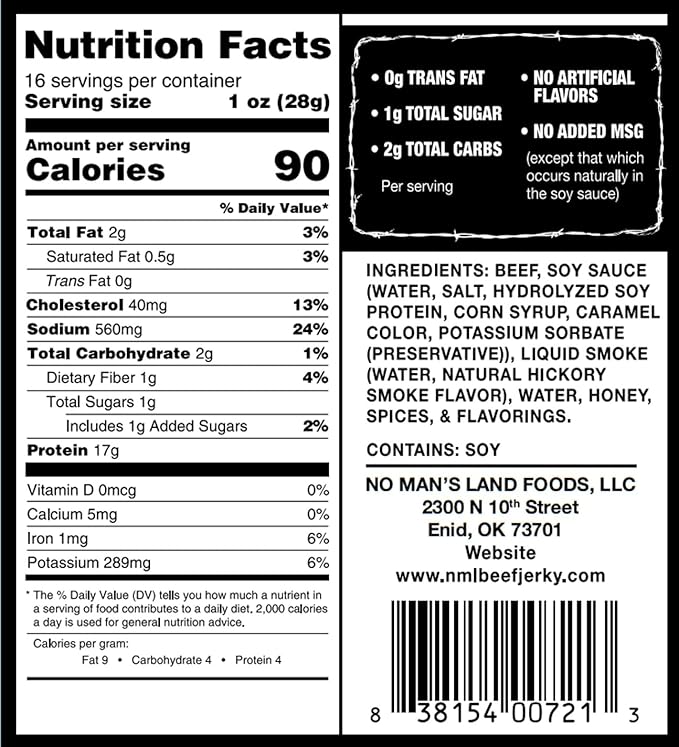 No Mans Land Premium Beef Jerky | 17G High Protein Slow-Dried Beef Snack | Smoked &amp Seasoned Jerky Strips | HOT 16oz Bag