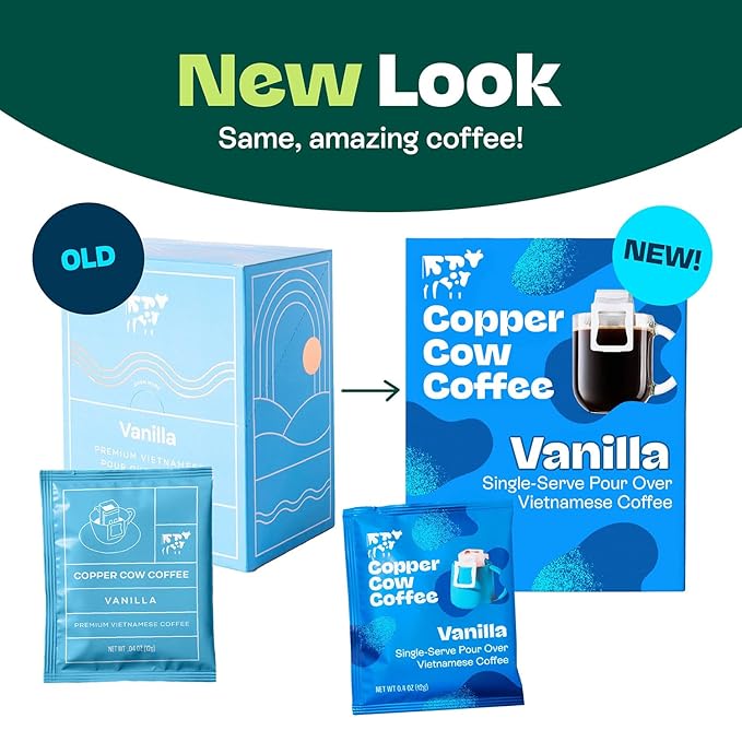 Copper Cow Coffee Premium Pour Over Single-Serve Vietnamese Coffee Pouches (24 pack) | Vanilla | Dark Roast | Flavored with Vanilla Beans | Convenient Vietnamese Ground Coffee Packets Travel Friendly