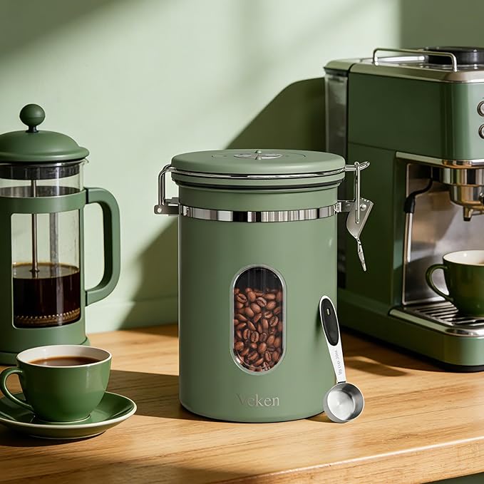 Veken Coffee Canister with Window Easter Gifts Airtight Stainless Steel Container with Lids Home Kitchen Food Storage Jars for Grounds Beans Tea Flour Cereal Sugar Basket Scoop 22OZ Green