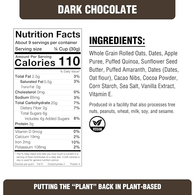 PLANTSTRONG Dark Chocolate Granola – Whole Grain Oil-Free Granola Sweetened Only with Dates Made from Whole Plants Handmade Small Batch Crunchy Breakfast Cereal or Snack (4-Pack (9 oz Bags))