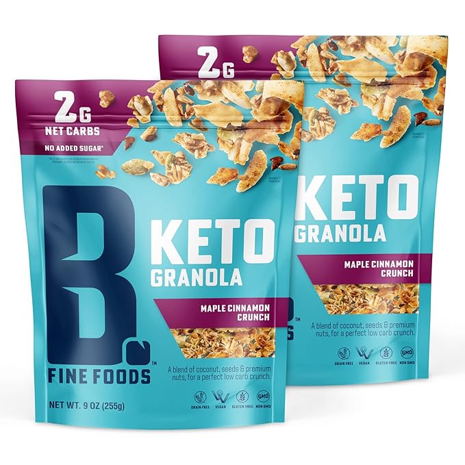 B. Fine Foods - Keto Granola High Protein Snack - Maple Cinnamon Crunch - Breakfast Blend of Coconut Seeds &amp Nuts - 2g Net Carbs Gluten &amp Grain-Free Kosher &amp Contains Nuts (9 oz 2 Pack